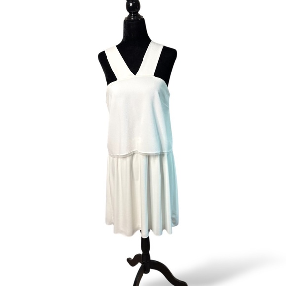 ZARA White Polyester Crepe Fully Lined Mini Dress Layered Look Wide Straps Sz L - Picture 1 of 9